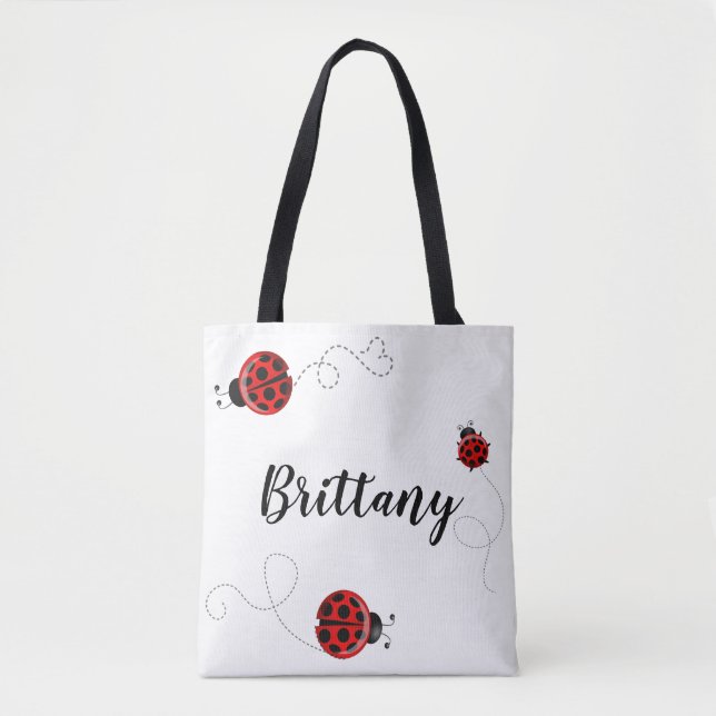 Tote Bag Nom rouge de scarabées d'insecte de point de polka (Devant)