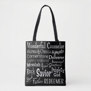Tote Bag Noms de Dieu de la Bible en noir et blanc