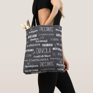 Tote Bag Noms typographiques des pizzas noires et blanches