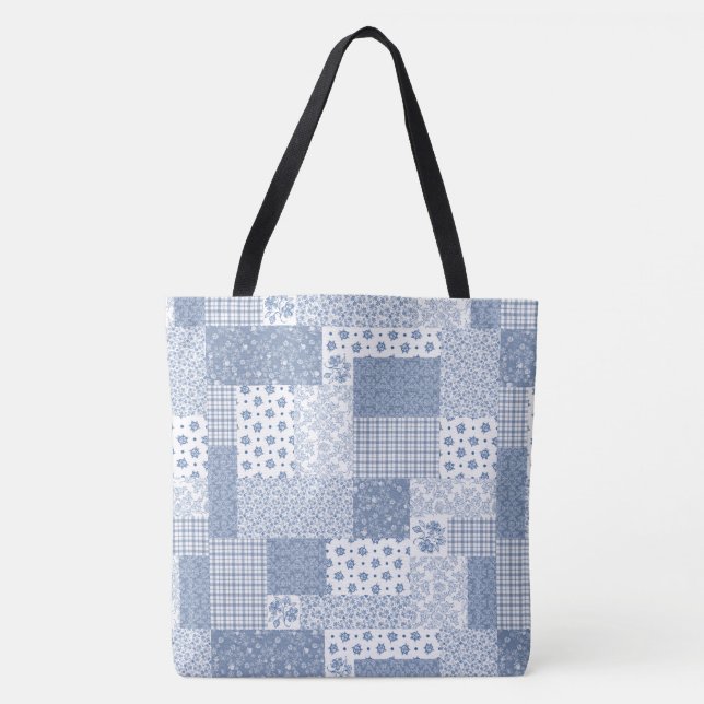 Tote Bag Nostalgique Indigo Blue White Faux Patchwork Motif (Devant)