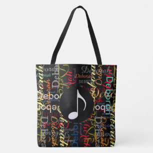 Tote Bag note de musique avec un motif de noms colorés sur