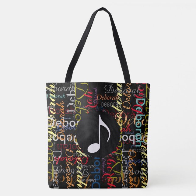 Tote Bag note de musique avec un motif de noms colorés sur  (Devant)