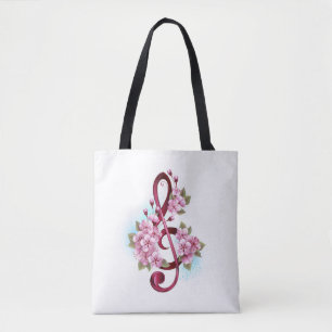 Tote Bag Notes de clef musicale en treble avec des fleurs S