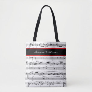 Tote Bag Notes de musique B/W avec nom, personnalisé