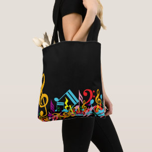 Tote Bag Notes de Musique Jumbled colorées sur Black