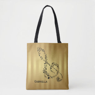 Tote Bag Notes d'or de musique de clef triple de noir de