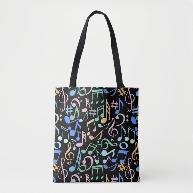 Tote Bag Notes et symboles musicaux Pastel Motif. BG noir (Devant)