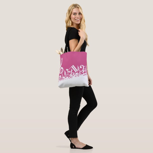 Tote Bag Notes musicales brouillées Hot rose et blanc (Sur le modèle)