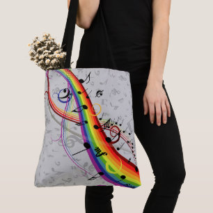 Tote Bag Notes musicales noires d'arc-en-ciel sur le gris