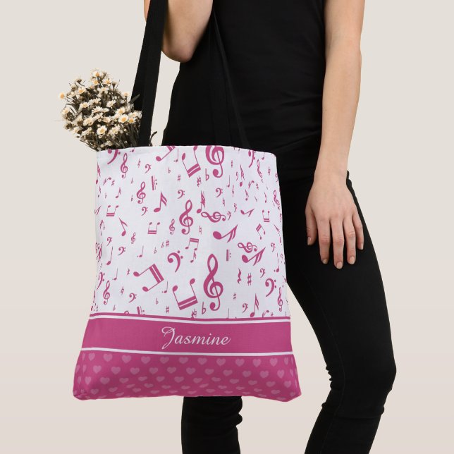 Tote Bag Notes musicales personnalisées et Coeurs Motif ros (De près)