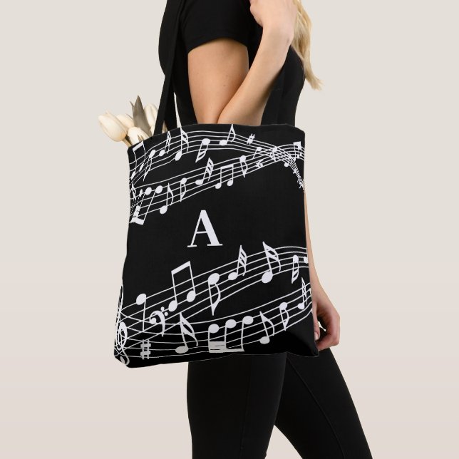 Tote Bag Notes musicales personnalisées Monogramme noir et  (De près)