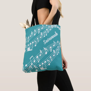 Tote Bag Notes musicales personnalisées Nom Turquoise ou co