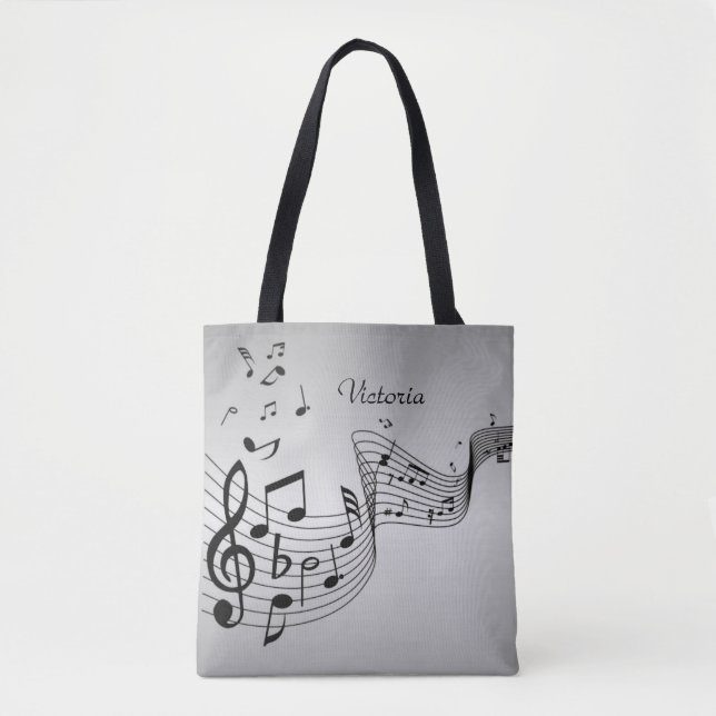 Tote Bag Notes musicales sur Argent avec nom (Devant)