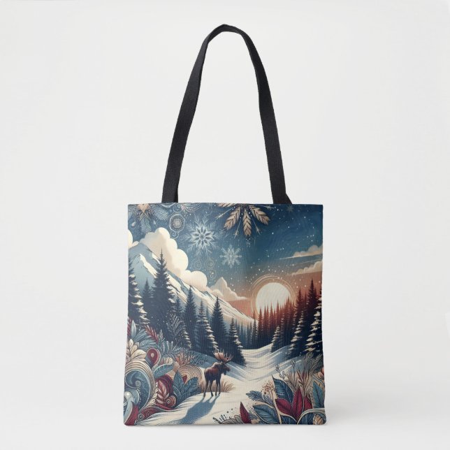 Tote Bag Nuit de neige Moose Forest Mountains Boho Motif (Devant)