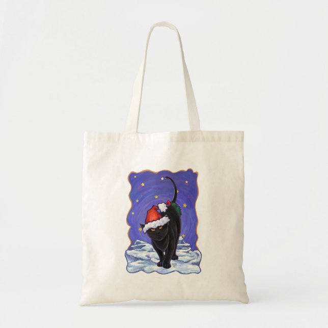Tote Bag Nuit étoile Noir Chat Noël (Devant)