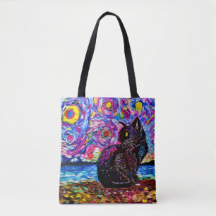 Tote Bag Nuit étoilée de chat noir