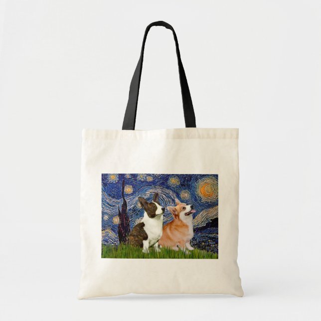 Tote Bag Nuit étoilée - Deux Corgis gallois (C + P) (Devant)