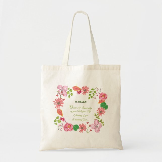 Tote Bag Nun Religious 70e Anniversaire Fleurs aquarelles (Devant)
