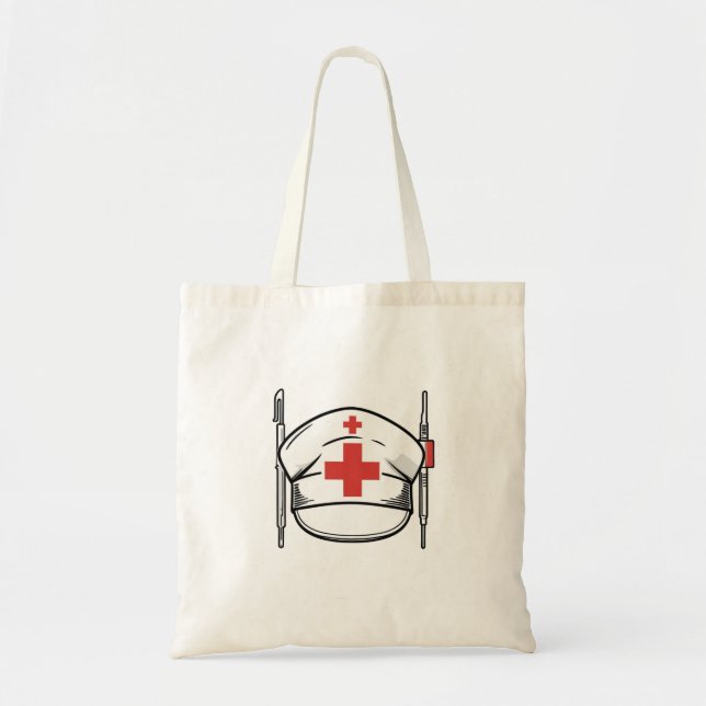 Tote Bag Nurse Cap with Red Cross and Medical Tools Design (Devant)