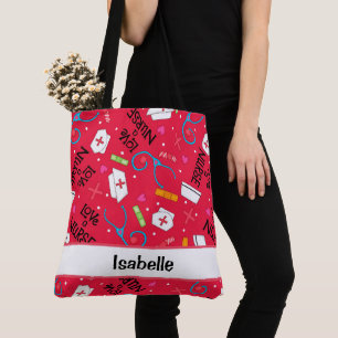 Tote Bag Nurse Whimsy Art Médicale Nom rouge Personnalisé