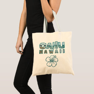 Tote Bag Oahu Hawaii Photo Text & Hibiscus Flower