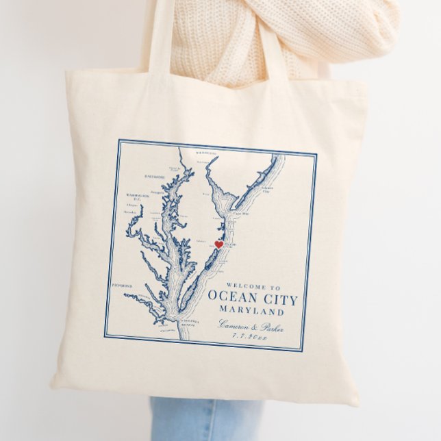Tote Bag Ocean City Maryland Elégant Mariage de la Marine B (Ocean City MD Wedding Guest Welcome Bag in elegant navy blue from Coastal Map Designs)