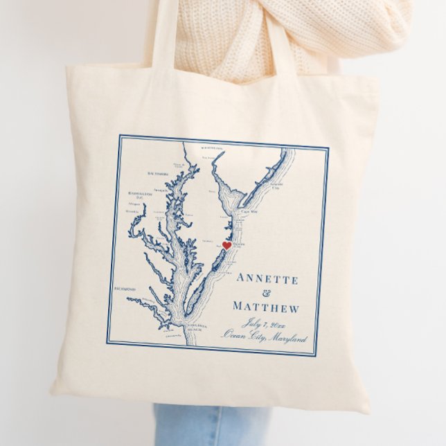 Tote Bag Ocean City Maryland Elégant Mariage de la Marine B (Ocean City Maryland Wedding Favor Welcome Tote Bag in elegant navy blue from Coastal Map Designs)
