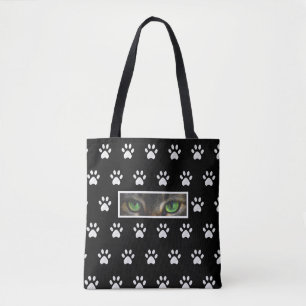 Tote Bag Oeil de chat élégant et motif de pattes sur noir &
