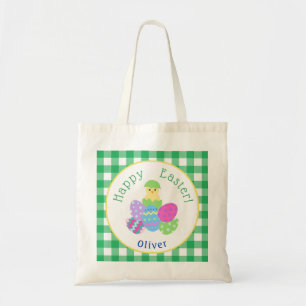 Tote Bag Oeufs de Pâques colorés en vert à carreaux Chasse