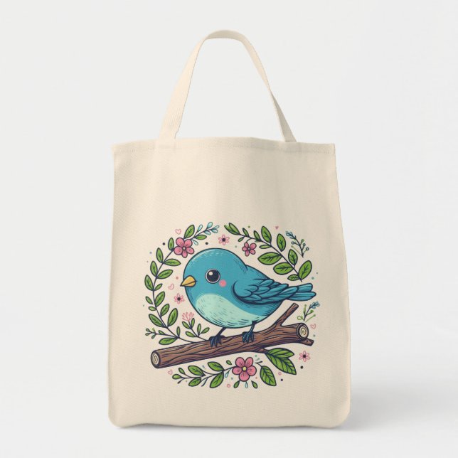 Tote Bag Oiseau bleu mignon perché sur une branche florissa (Devant)