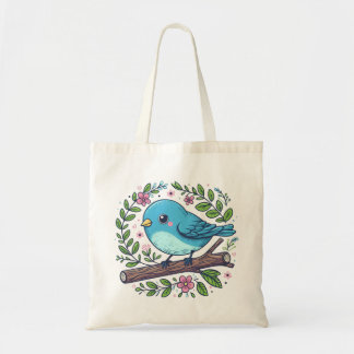 Tote Bag Oiseau bleu mignon perché sur une branche florissa