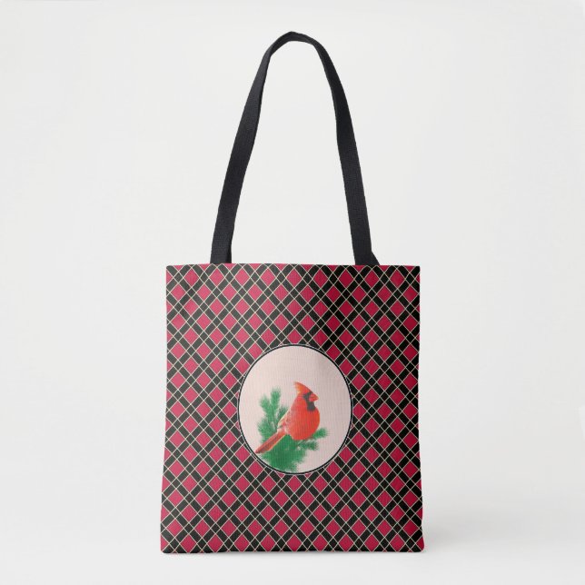 Tote Bag Oiseau cardinal sur à damiers noir et rouge (Devant)