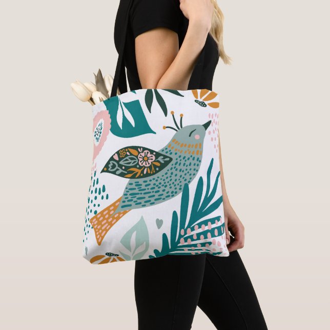 Tote Bag Oiseau de Bohème avec les motifs botaniques (De près)