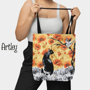 Tote Bag Oiseau de chat peint à l'encre japonaise Pavot ora