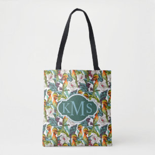 Tote Bag Oiseau et monogramme exotique du motif de fleur  