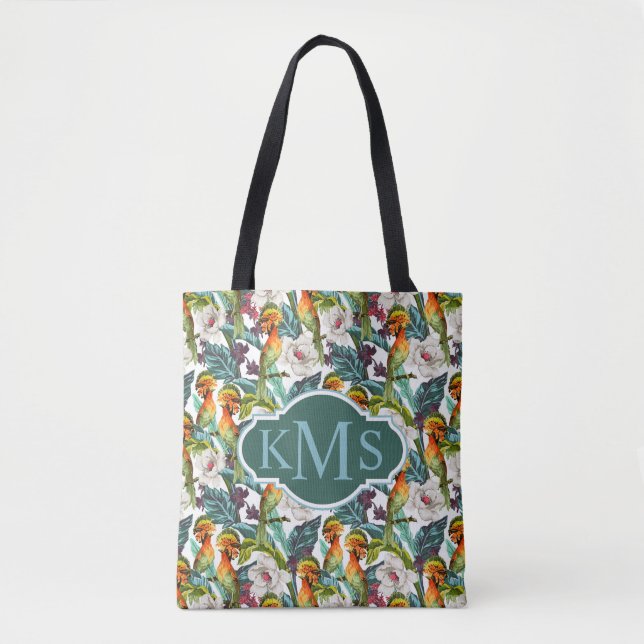 Tote Bag Oiseau et monogramme exotique du motif de fleur | (Devant)