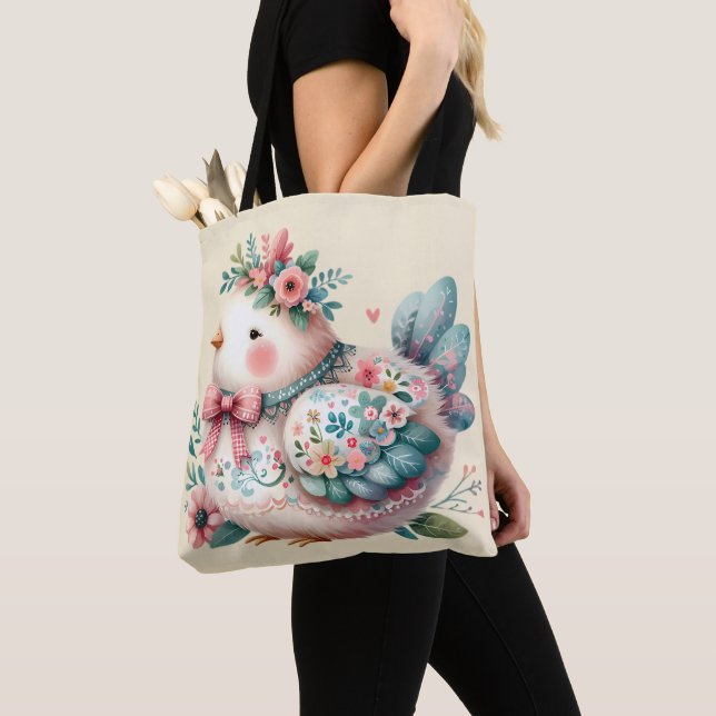 Tote Bag Oiseau folklorique floral au charme Pastel Boho (De près)