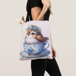 Tote Bag Oiseau mignon en Floral Teacup Cottagecore Art