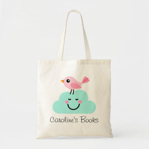 Tote Bag Oiseau rose mignon et bibliothèque personnalisée
