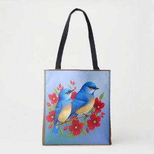 Tote Bag Oiseaux bleus colorés perchés parmi les fleurs rou