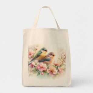 Tote Bag Oiseaux de l'amour doux pastel de printemps Fleurs