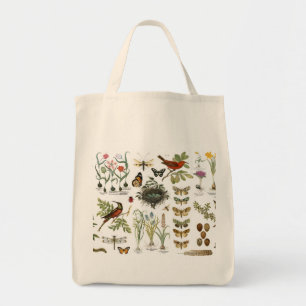 Tote Bag oiseaux et fleurs botaniques français vintages