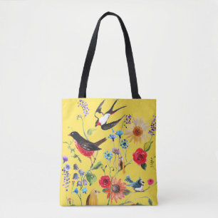 Tote Bag Oiseaux Fleurs sauvages d'aquarelle