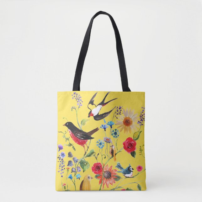 Tote Bag Oiseaux Fleurs sauvages d'aquarelle (Devant)