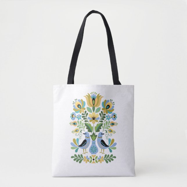 Tote Bag Oiseaux folkloriques hongrois en bleu et or (Devant)