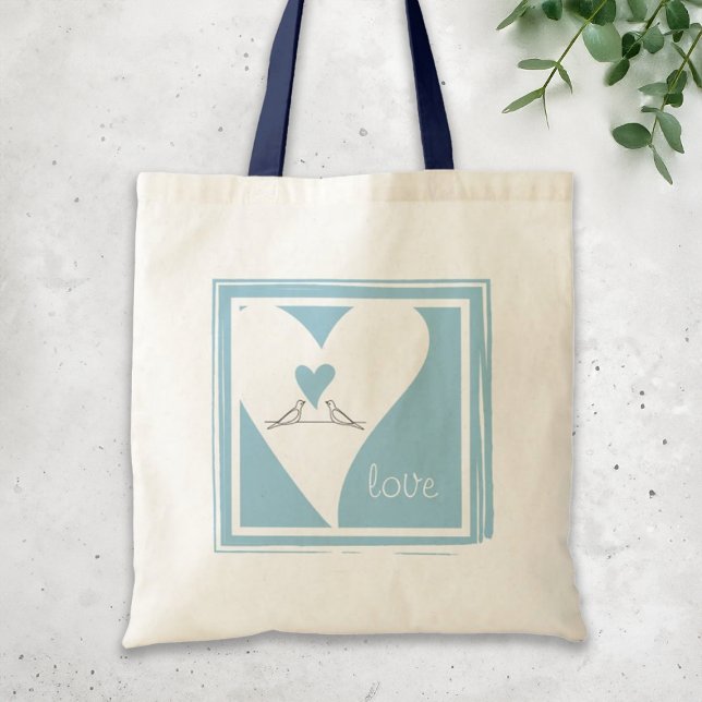 Tote Bag Oiseaux modernes simples en amour Cœur bleu clair (Créateur téléchargé)