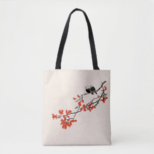 Tote Bag Oiseaux rustiques sur une branche d'arbre avec Feu