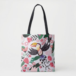 Tote Bag Oiseaux tropicaux, motif de gribouillis à fleurs.