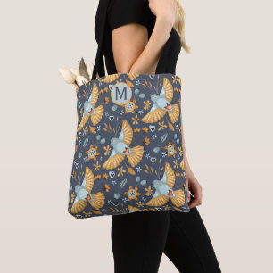 Tote Bag Oiseaux volants Gold Blue Boho Monogramme