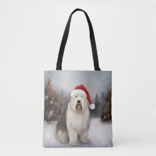 Tote Bag Old English Sheepdog en Noël de neige